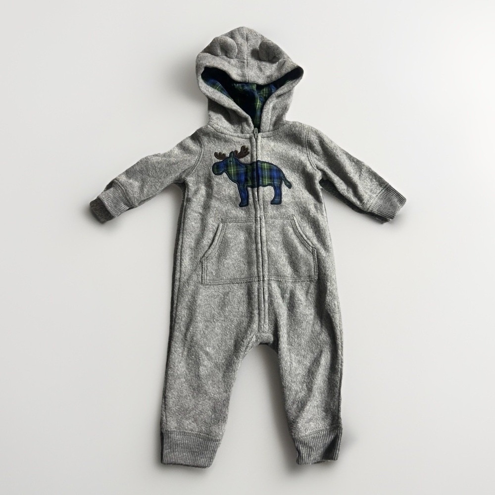 Carter's Baby Boy Gray Moose Hooded Zip-Up Fleece Jumpsuit Size 18 Months